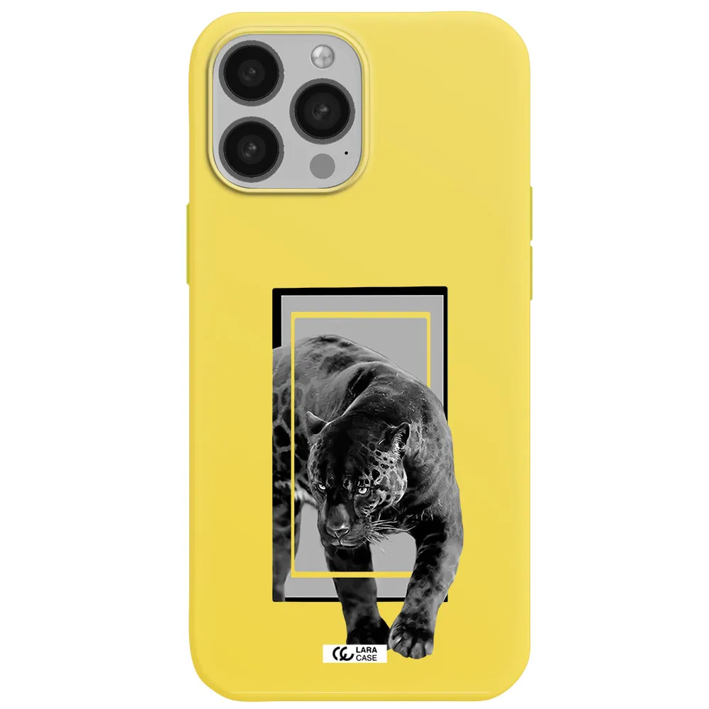 a black tiger with spots on its face Apple iPhone 13 Pro Max Silicone canary yellow Case