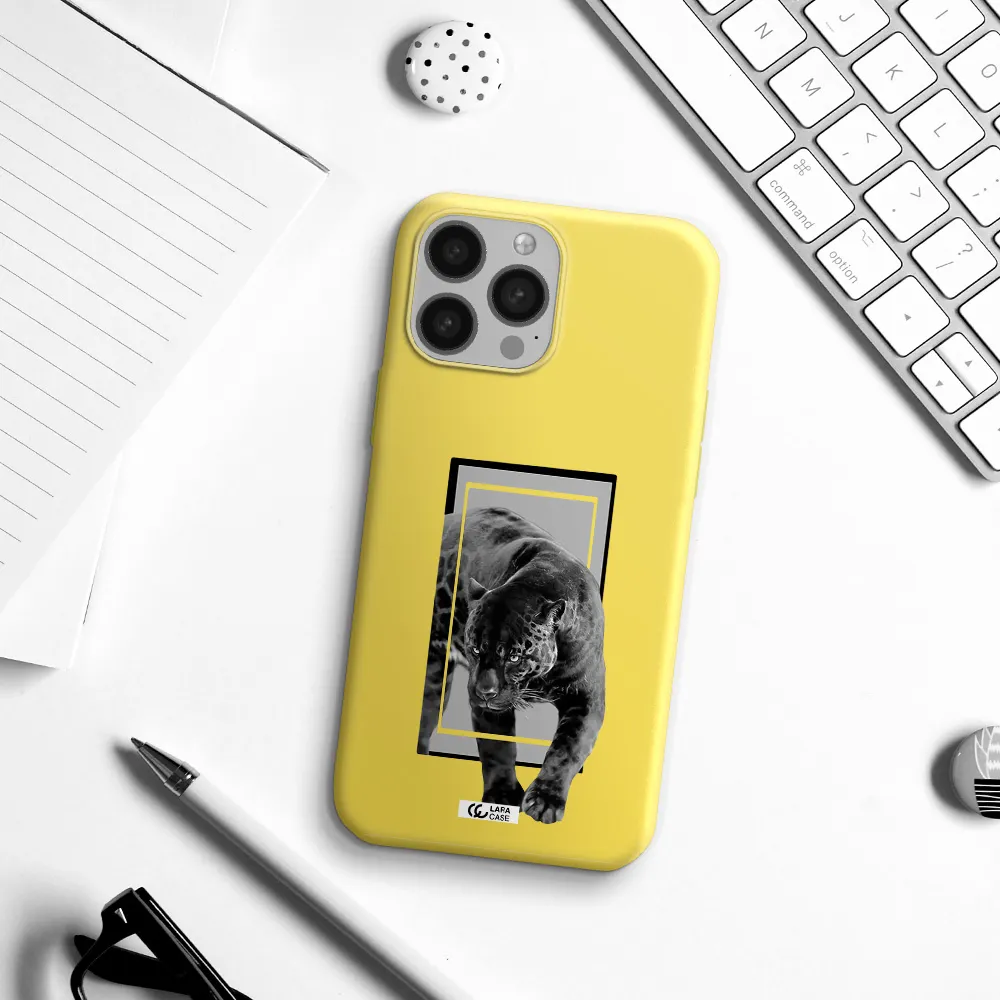 a black tiger with spots on its face Apple iPhone 13 Pro Max Silicone canary yellow Case