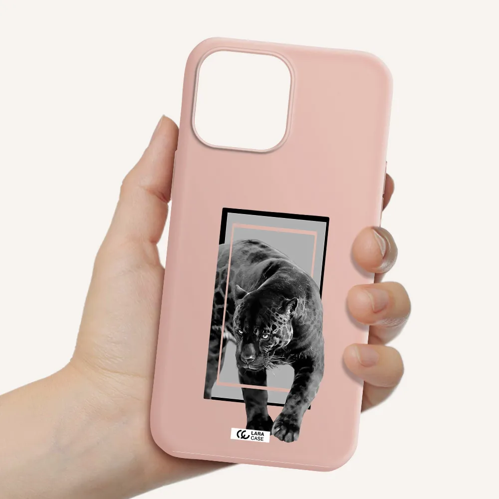 a black tiger with spots on its face Apple iPhone 13 Pro Max Silicone pastel pink Case