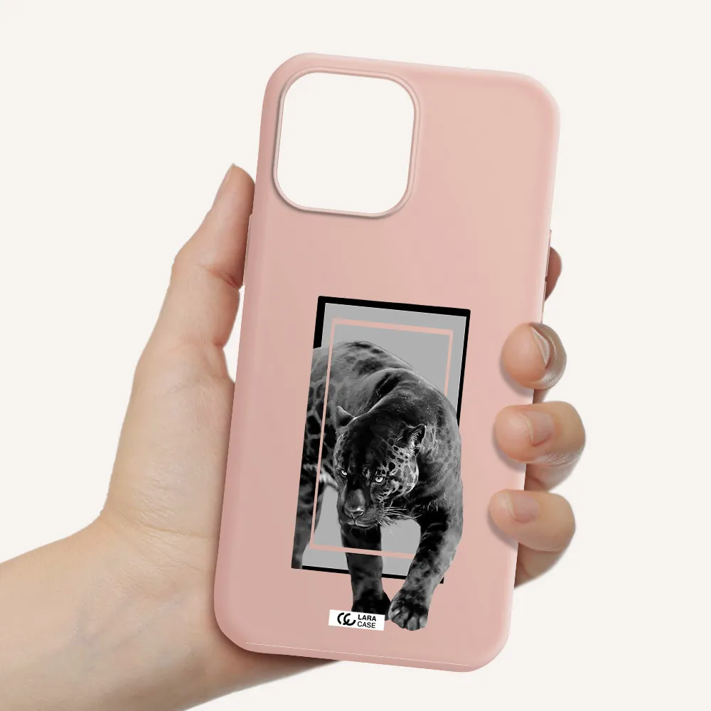 a black tiger with spots on its face Apple iPhone 13 Pro Silicone pastel pink Case