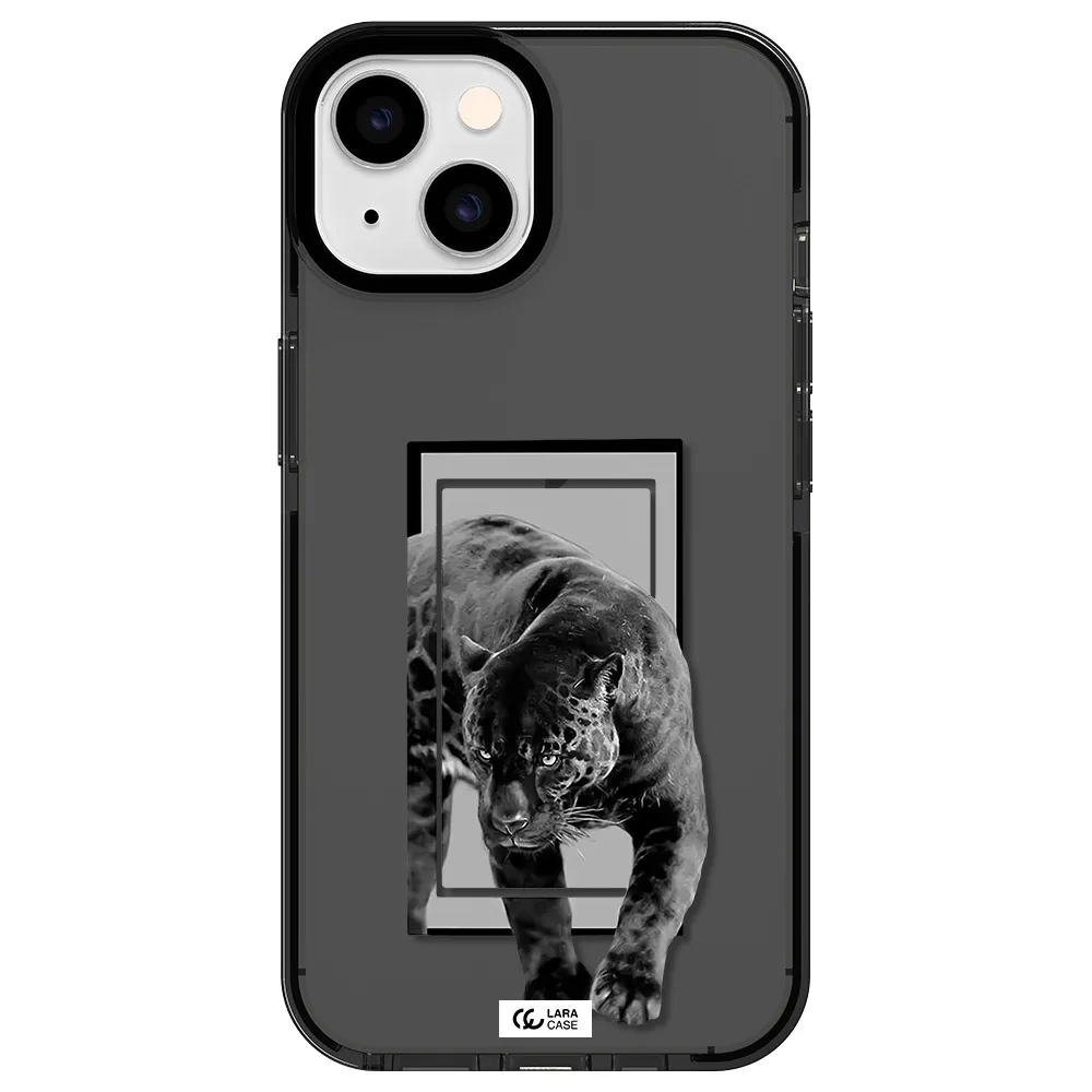a black tiger with spots on its face Apple iPhone 14 impact Smoke Black Case
