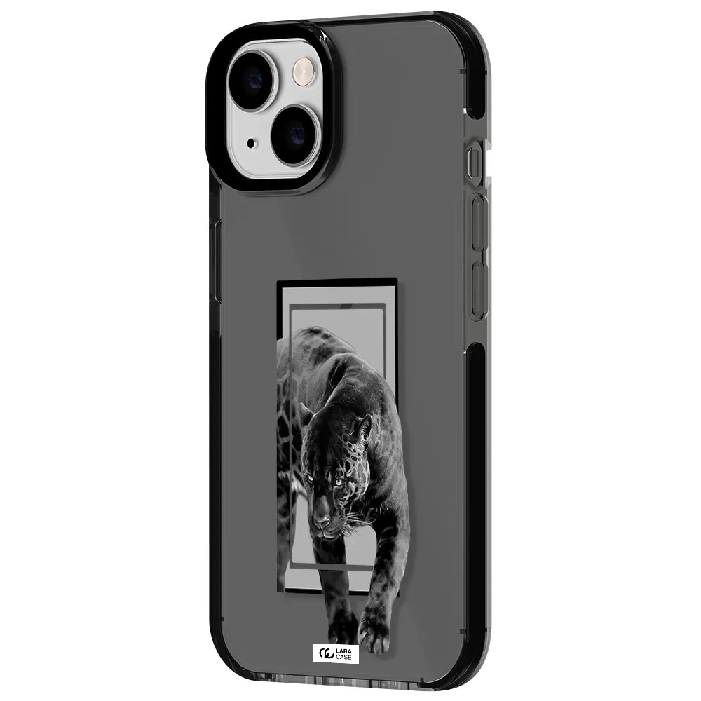 a black tiger with spots on its face Apple iPhone 14 impact Smoke Black Case