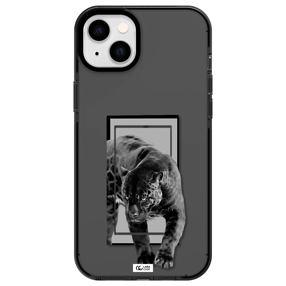 a black tiger with spots on its face Apple iPhone 14 plus impact Smoke Black Case