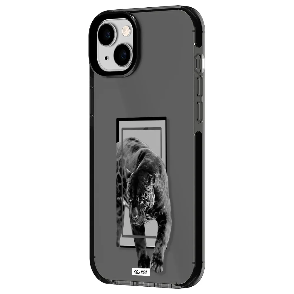 a black tiger with spots on its face Apple iPhone 14 plus impact Smoke Black Case