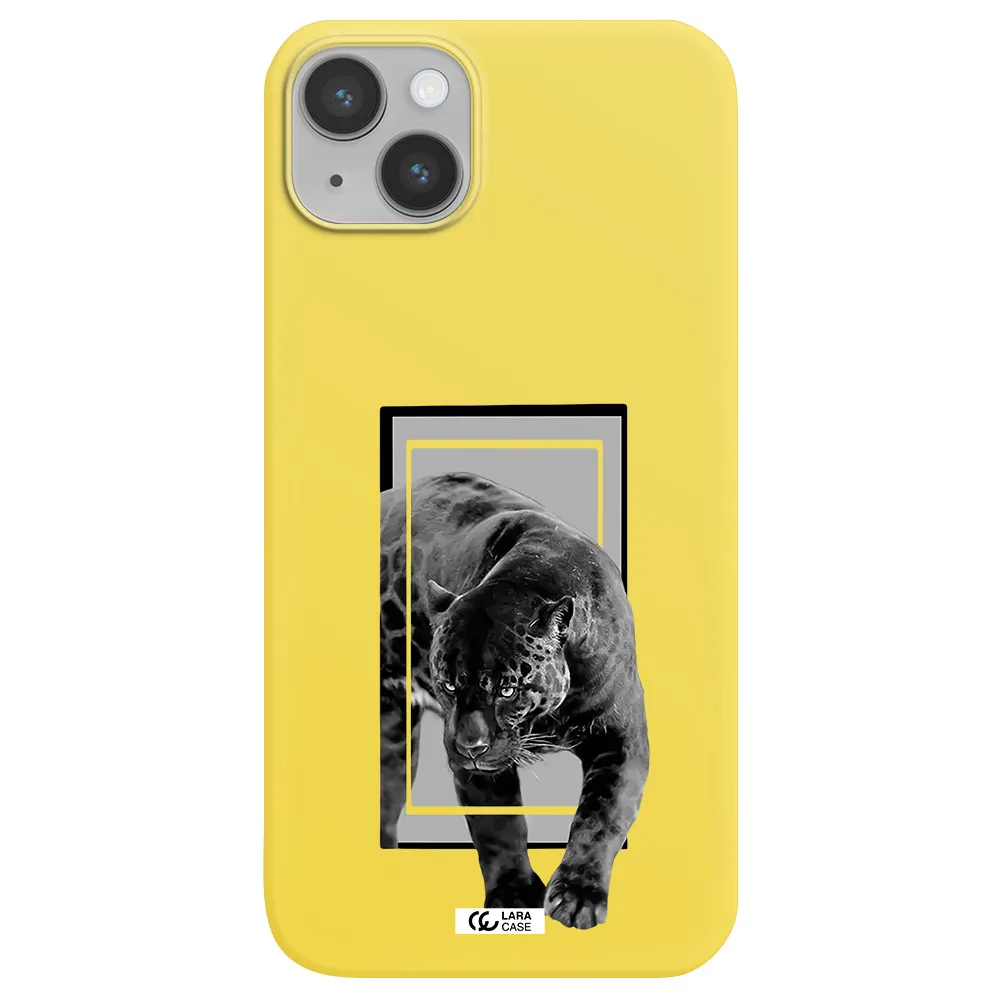 a black tiger with spots on its face Apple iPhone 14 plus Silicone canary yellow Case