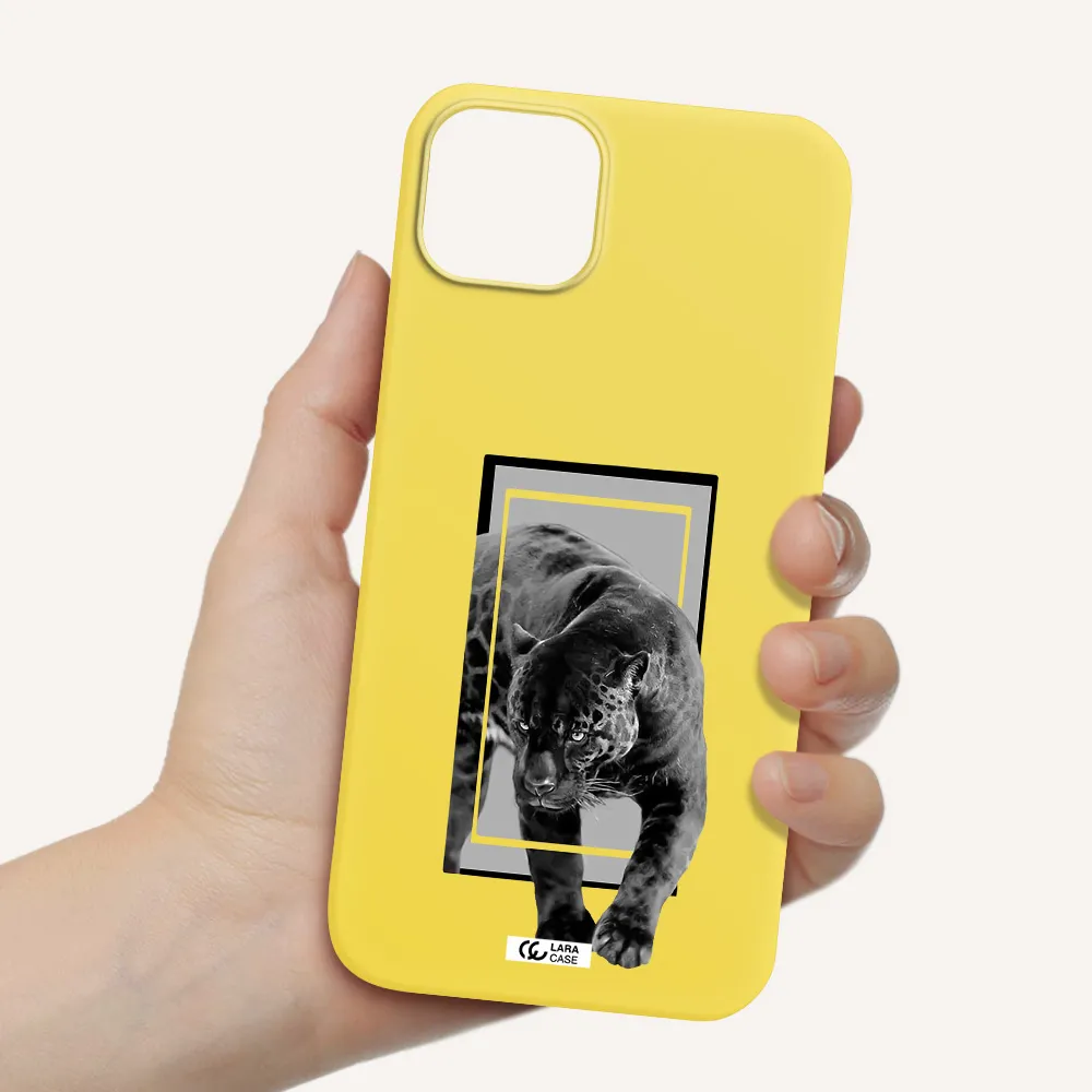 a black tiger with spots on its face Apple iPhone 14 plus Silicone canary yellow Case