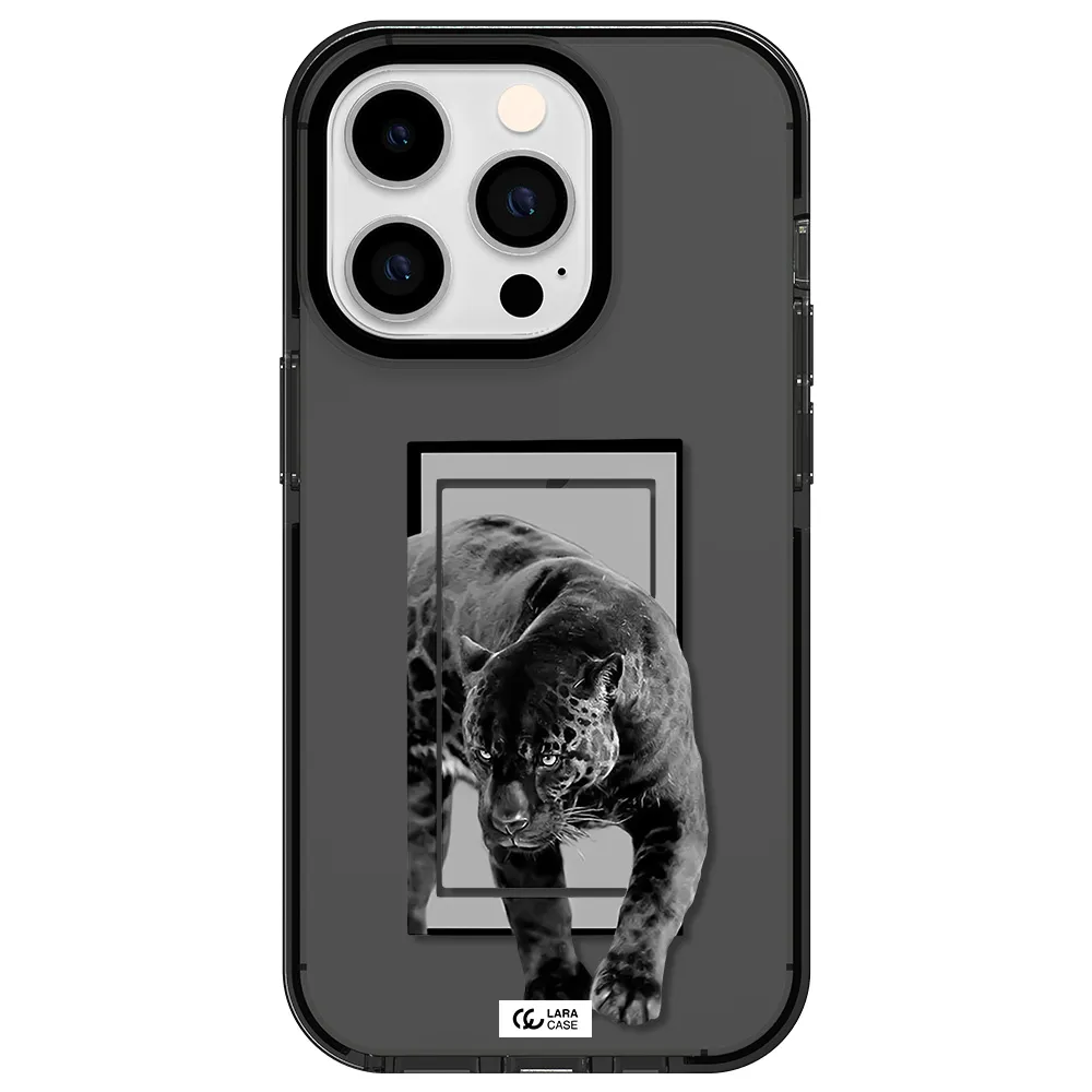 a black tiger with spots on its face Apple iPhone 14 pro impact Smoke Black Case
