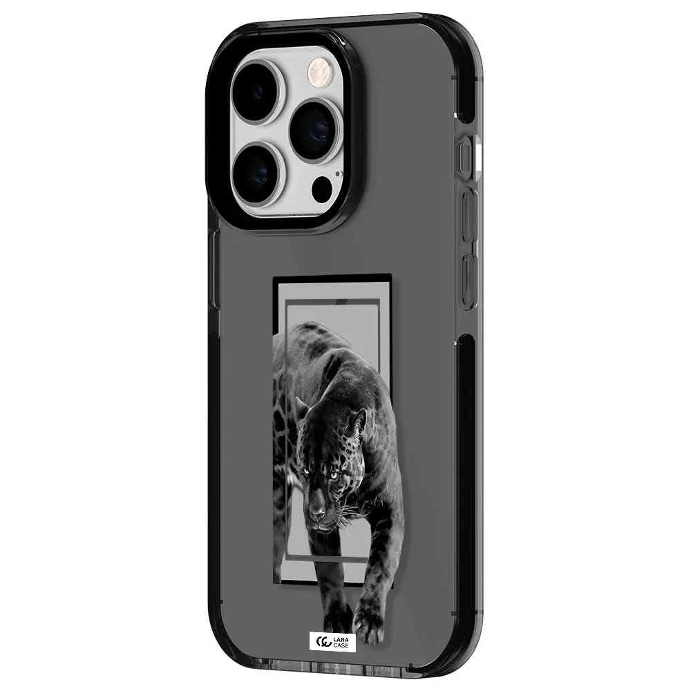a black tiger with spots on its face Apple iPhone 14 pro impact Smoke Black Case