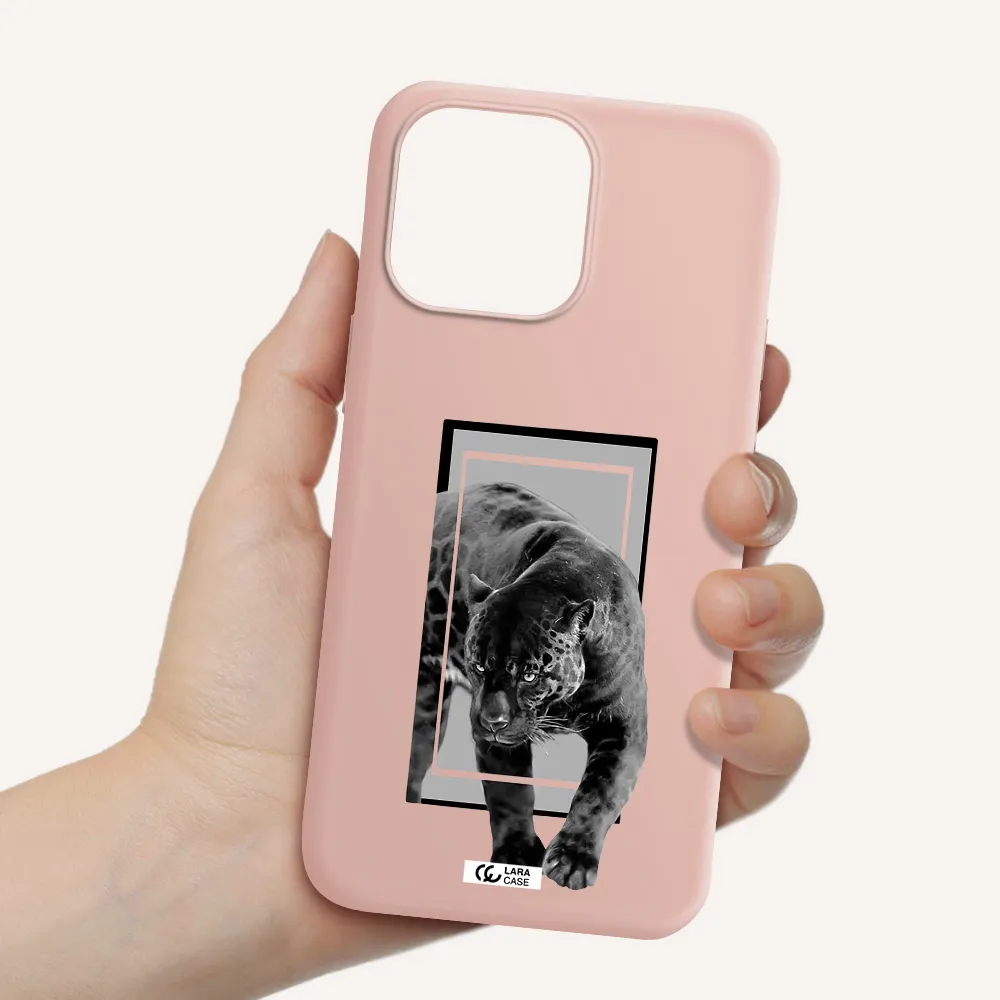a black tiger with spots on its face Apple iPhone 14 pro Silicone pastel pink Case