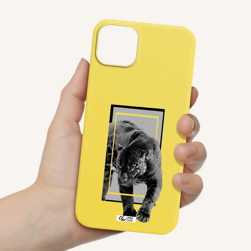 a black tiger with spots on its face Apple iPhone 14 Silicone canary yellow Case
