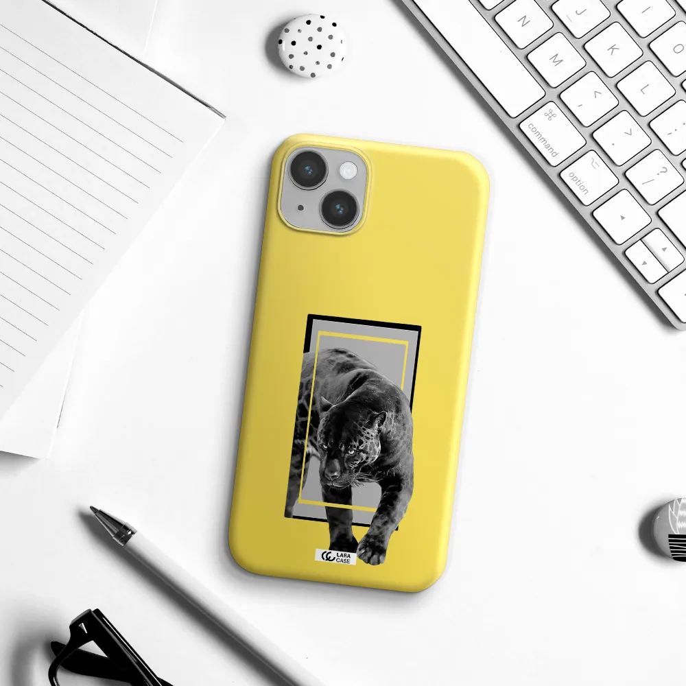 a black tiger with spots on its face Apple iPhone 14 Silicone canary yellow Case
