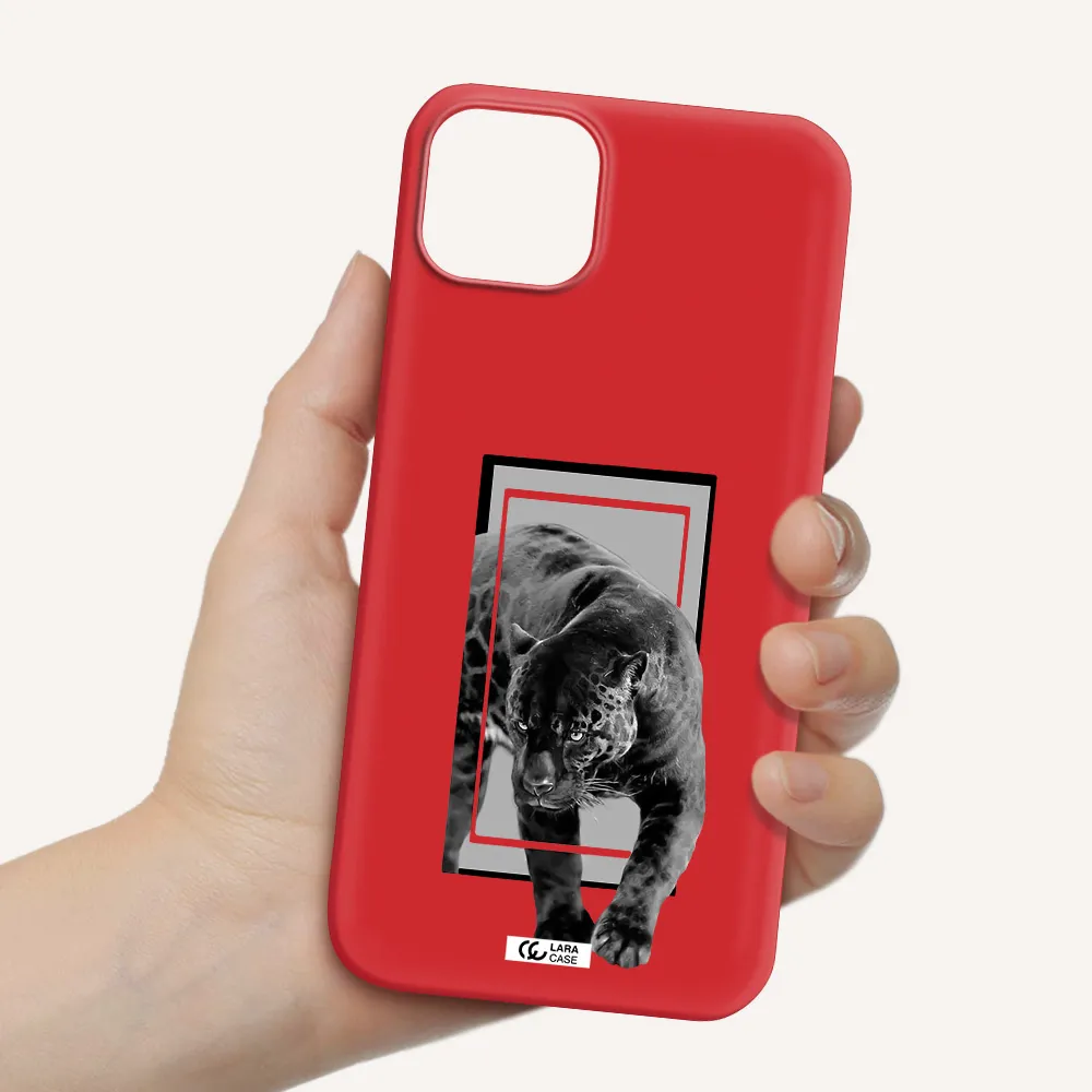 a black tiger with spots on its face Apple iPhone 14 Silicone Imperial Red Case