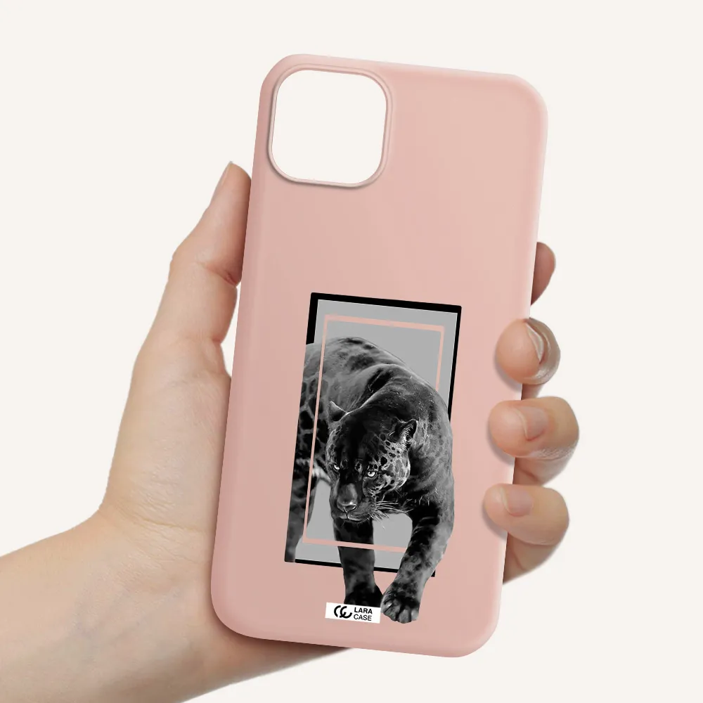 a black tiger with spots on its face Apple iPhone 14 Silicone pastel pink Case