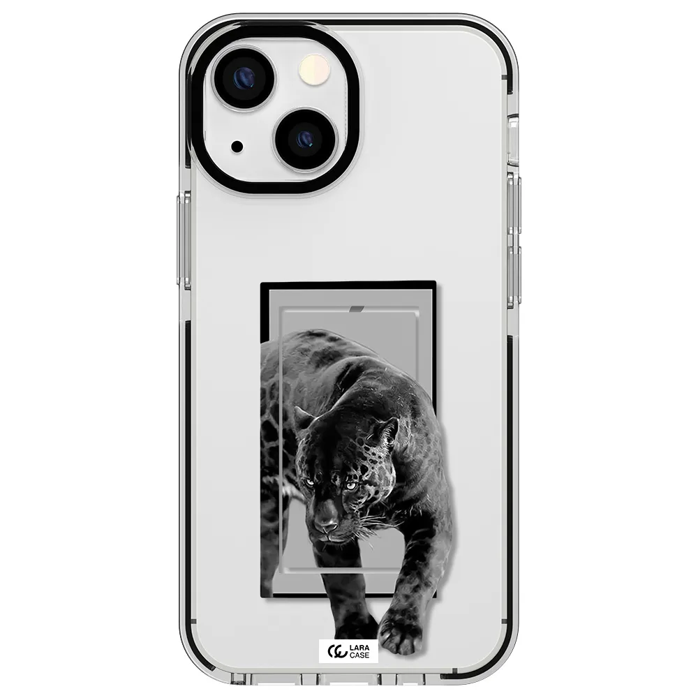 a black tiger with spots on its face Apple iPhone 15 impact black border Case