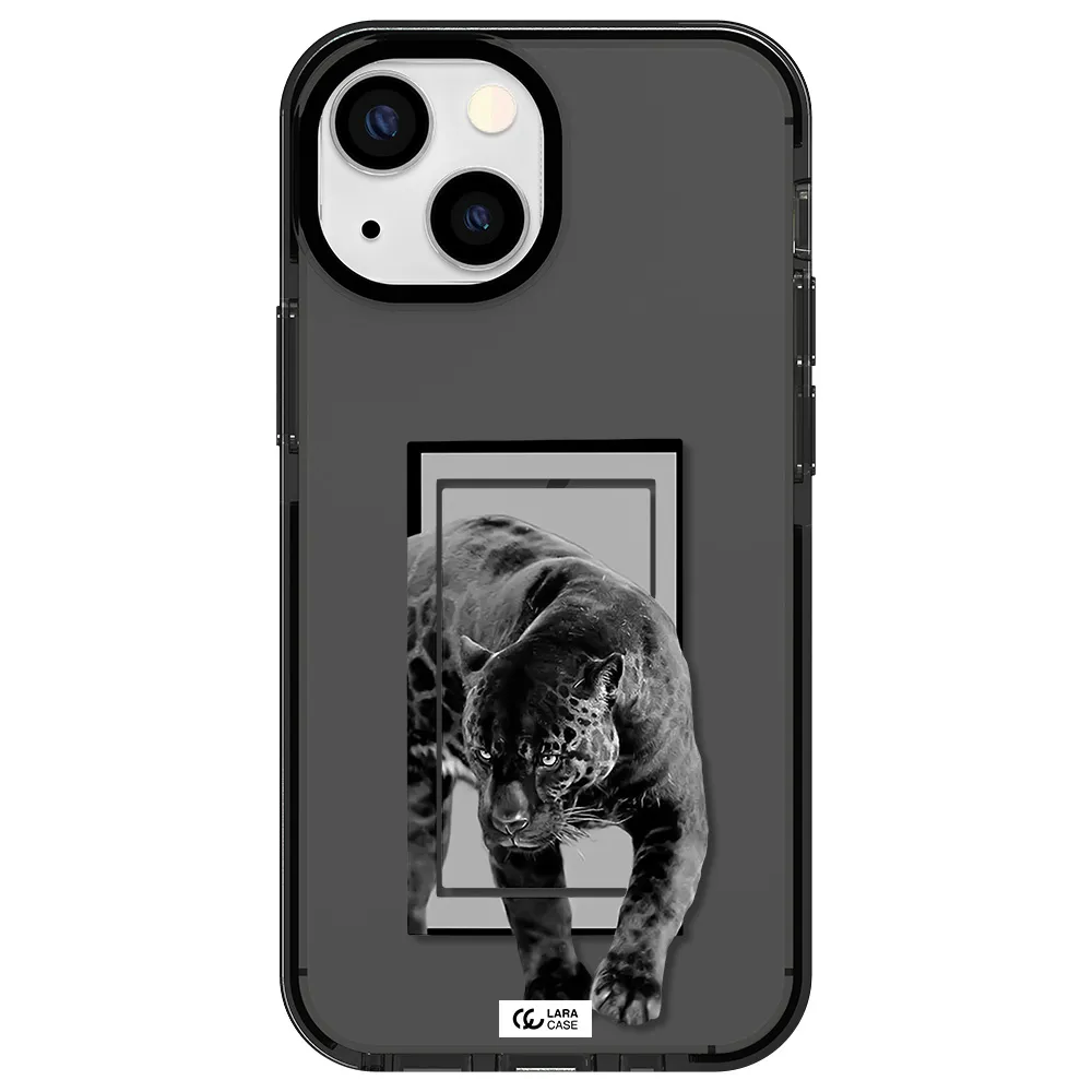 a black tiger with spots on its face Apple iPhone 15 impact Smoke Black Case