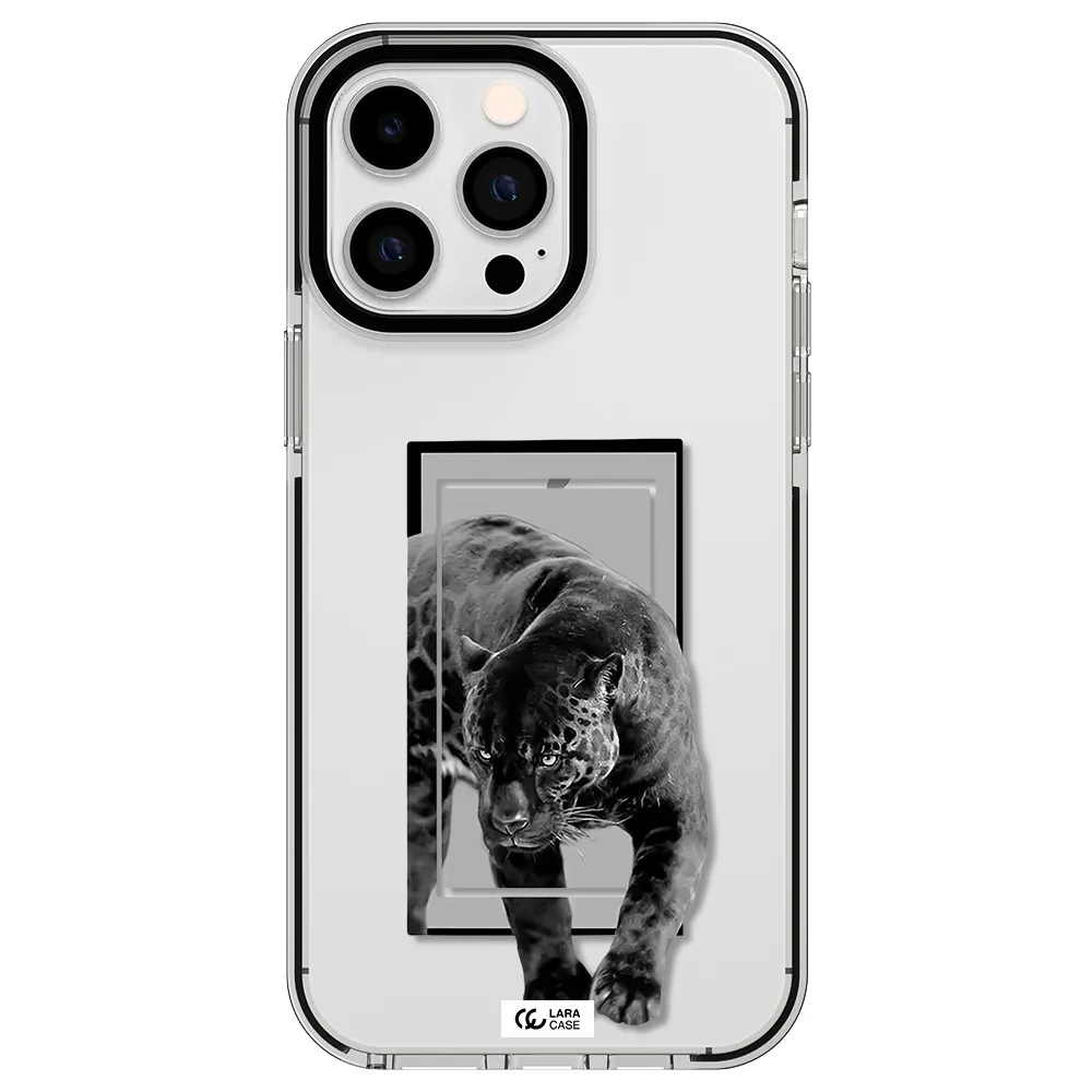 a black tiger with spots on its face Apple iPhone 15 Pro Max impact black border Case