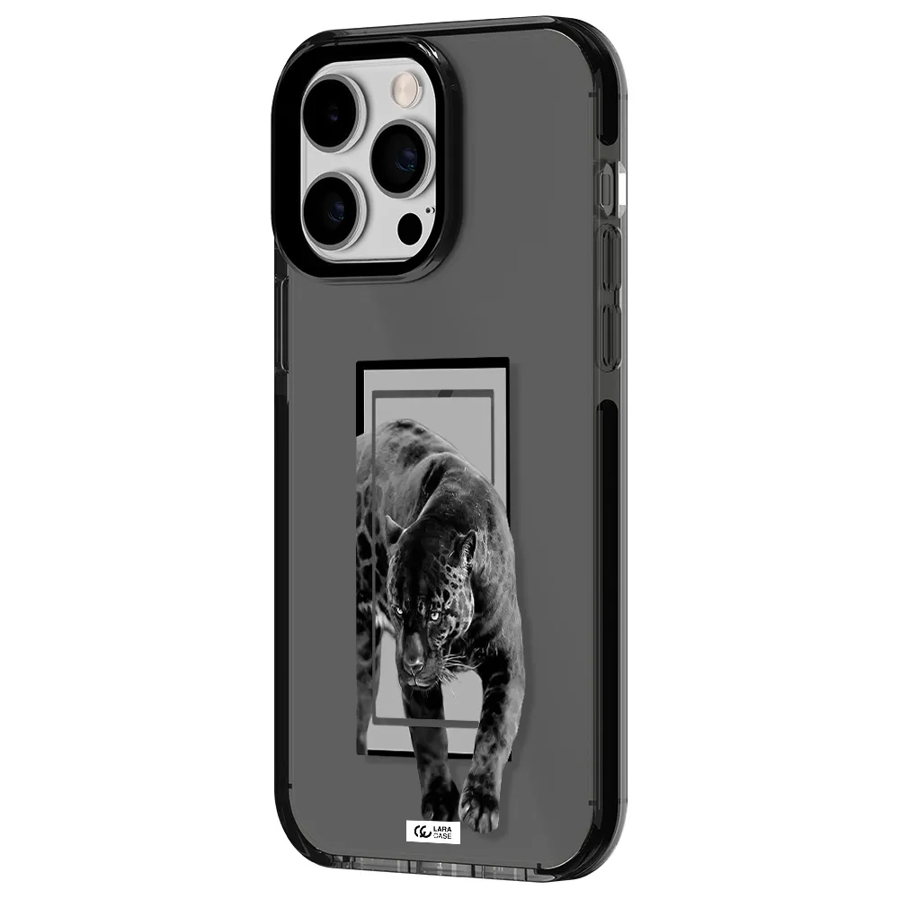 a black tiger with spots on its face Apple iPhone 15 Pro Max impact Smoke Black Case