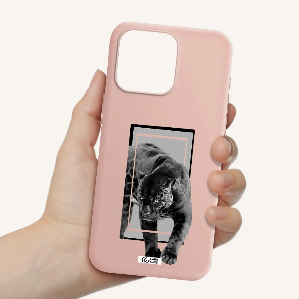 a black tiger with spots on its face Apple Iphone 15 Pro max Silicone pastel pink Case