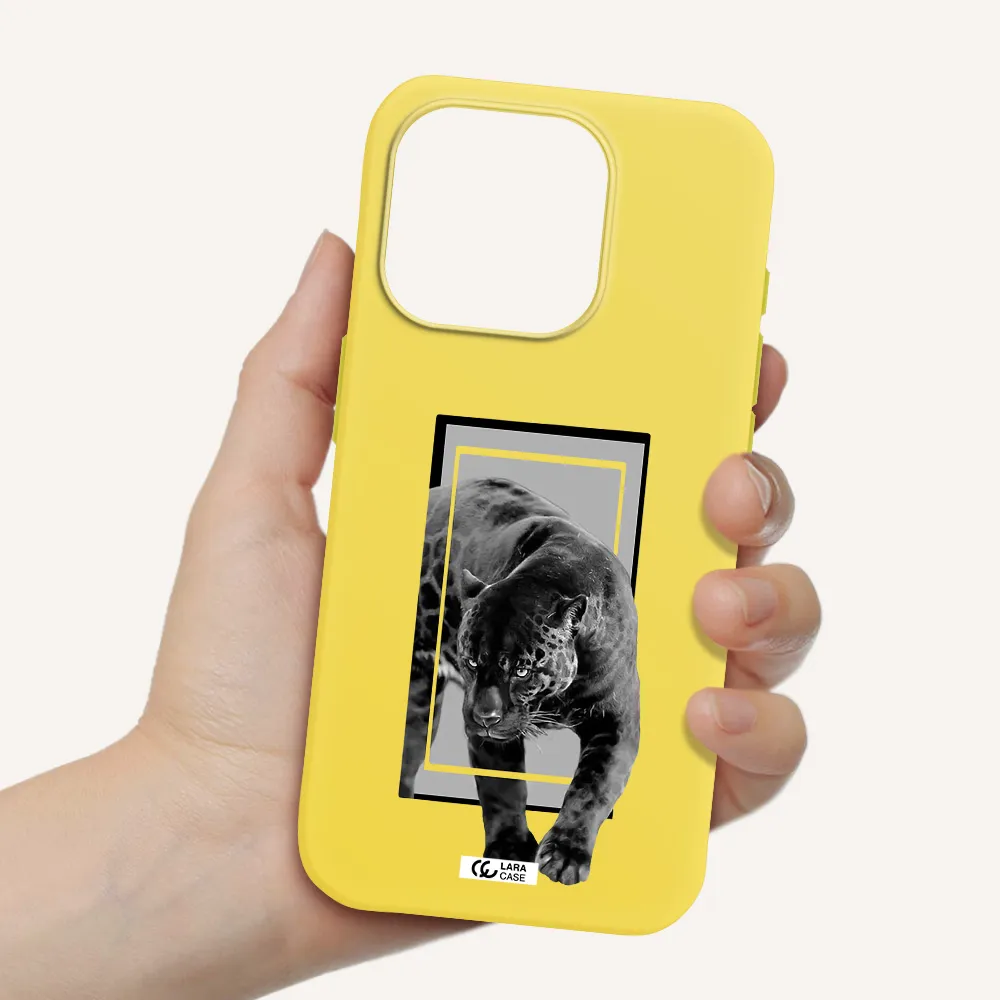 A Black Tiger With Spots On Its Face Apple Iphone 15 Pro Silicone Canary Yellow Case