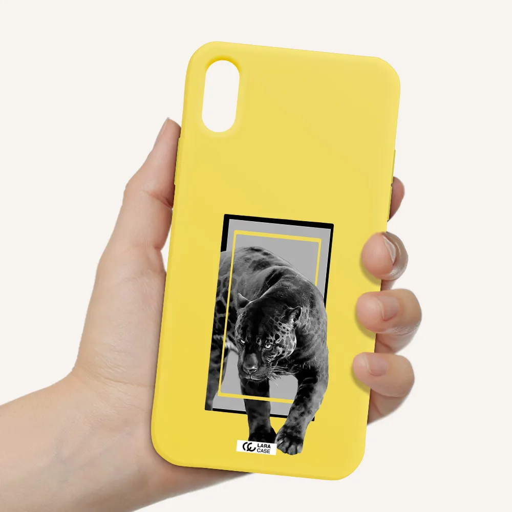 a black tiger with spots on its face Apple iPhone XS Silicone canary yellow Case