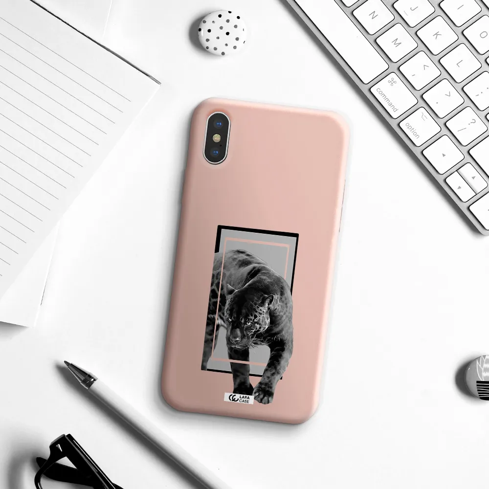 a black tiger with spots on its face Apple iPhone XS Silicone pastel pink Case