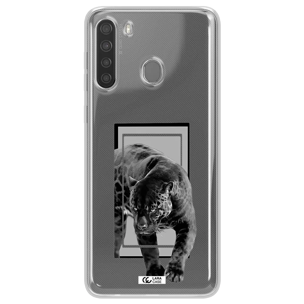 a black tiger with spots on its face Samsung A21 Clear TPU Case