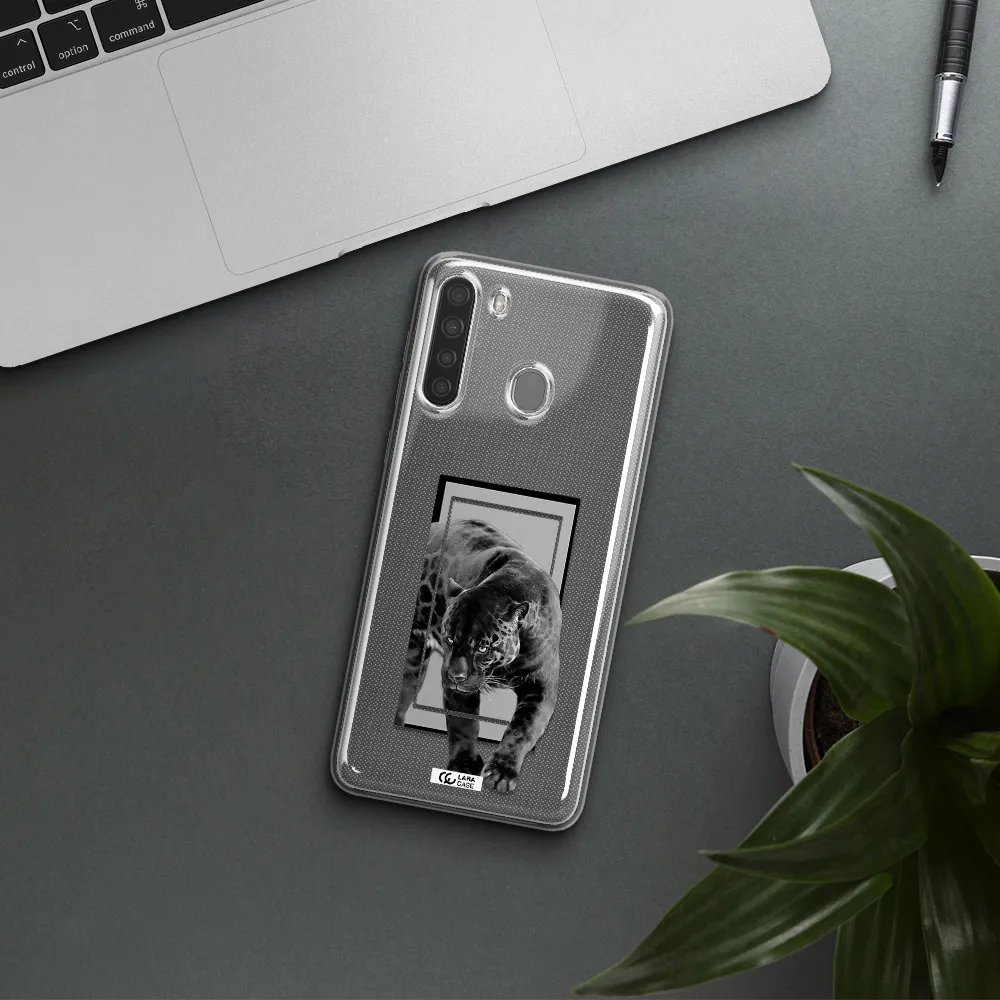 a black tiger with spots on its face Samsung A21 Clear TPU Case