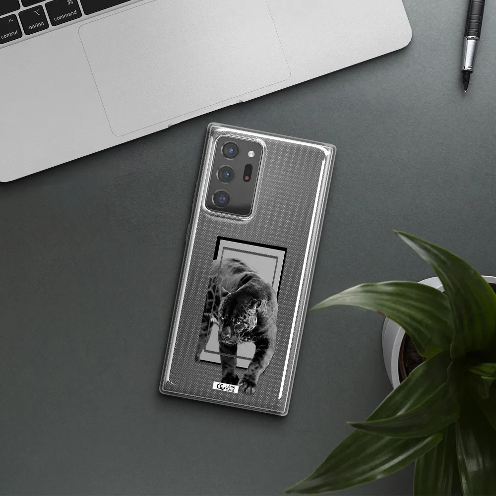 a black tiger with spots on its face Samsung Note 20 Ultra Clear TPU Case