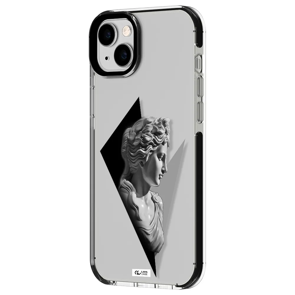 a close-up of a statue Apple iPhone 14 plus impact black border Case