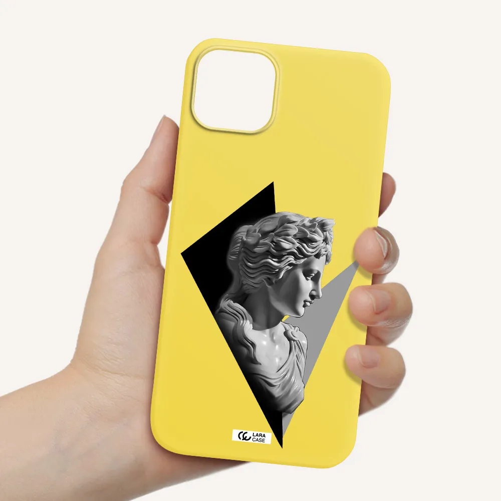 a close-up of a statue Apple iPhone 14 plus Silicone canary yellow Case