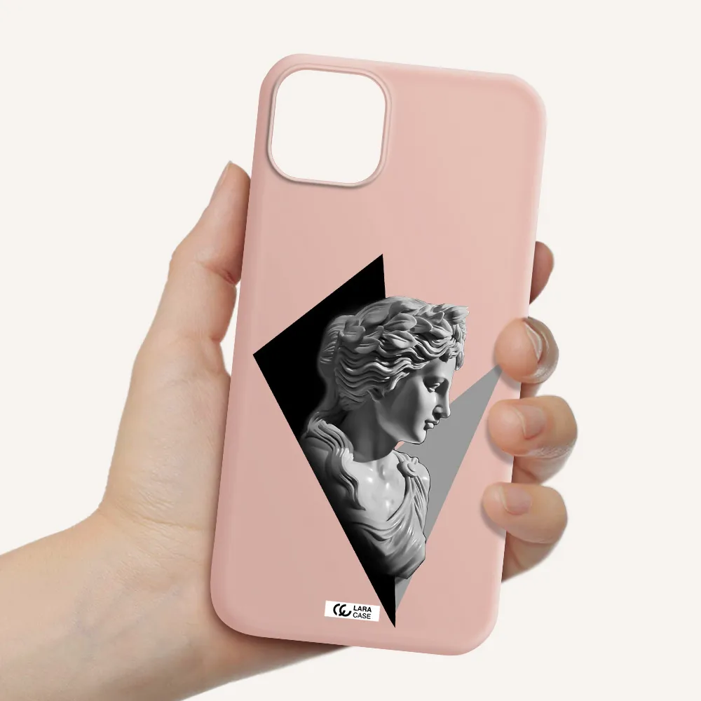 a close-up of a statue Apple iPhone 14 plus Silicone pastel pink Case