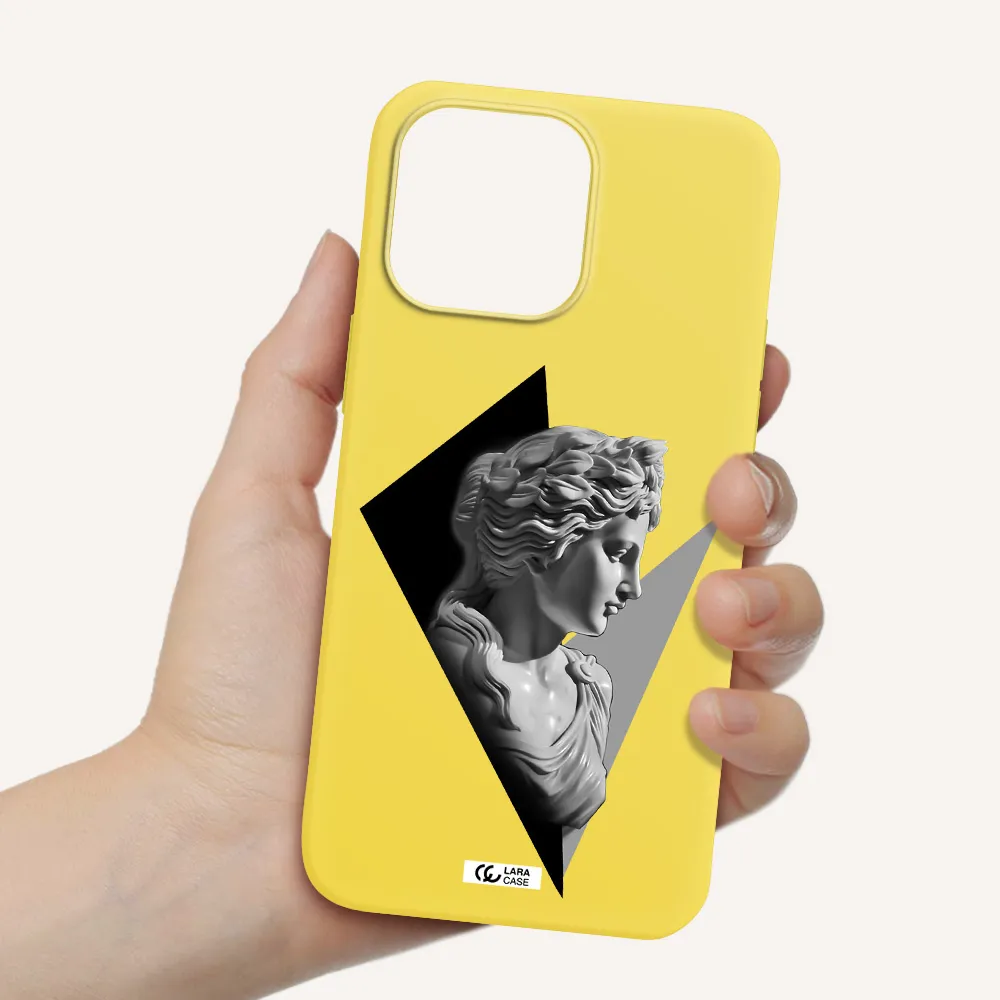 a close-up of a statue Apple iPhone 14 pro max Silicone canary yellow Case