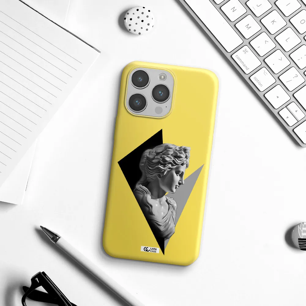 a close-up of a statue Apple iPhone 14 pro max Silicone canary yellow Case