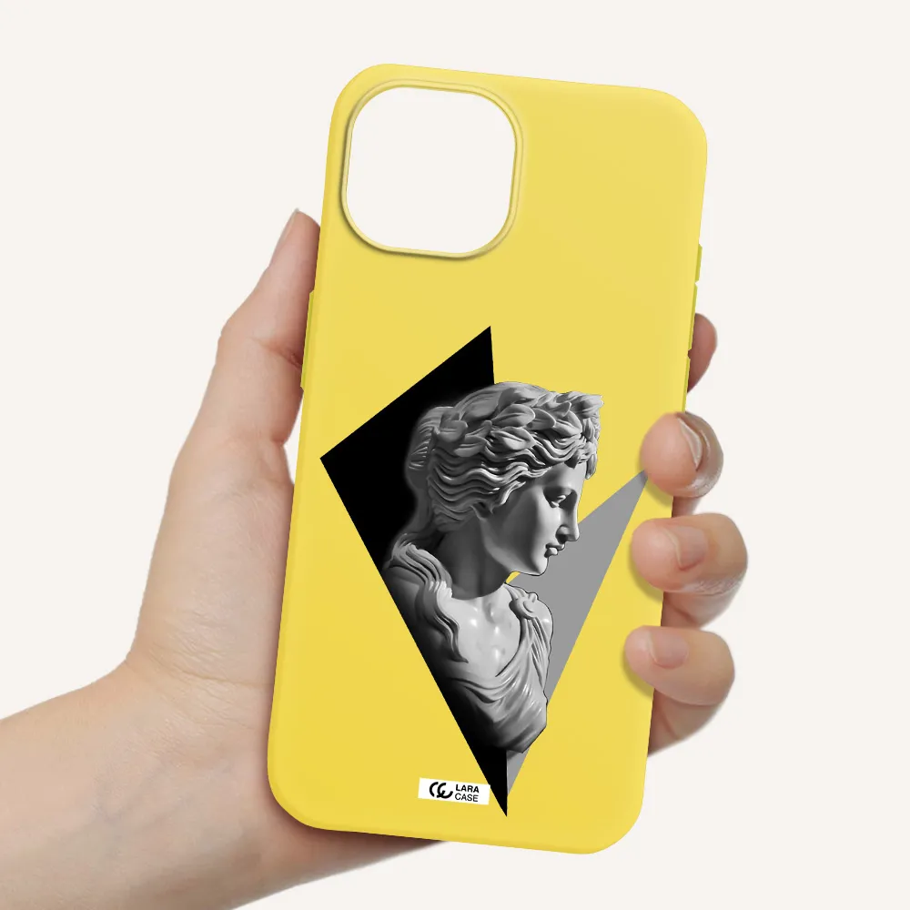 a close-up of a statue Apple iPhone 15 Silicone canary yellow Case