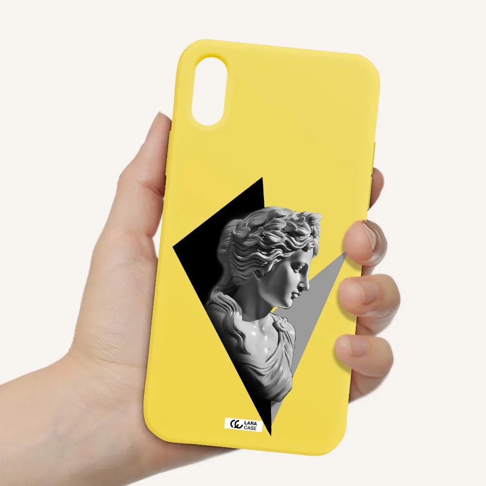 a close-up of a statue Apple iPhone XS Silicone canary yellow Case
