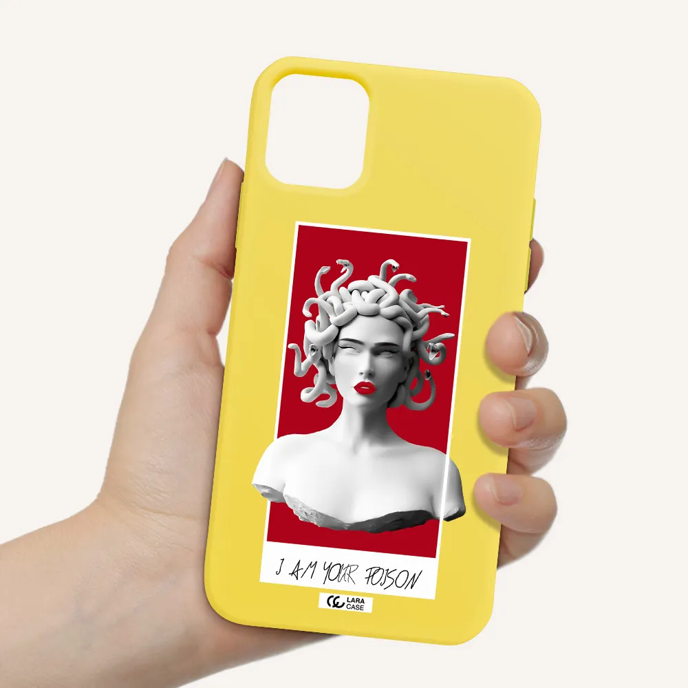 a statue of a woman with snakes on her head Apple iPhone 11 Silicone canary yellow Case