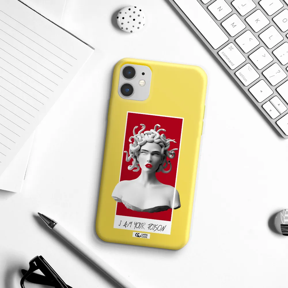 a statue of a woman with snakes on her head Apple iPhone 11 Silicone canary yellow Case
