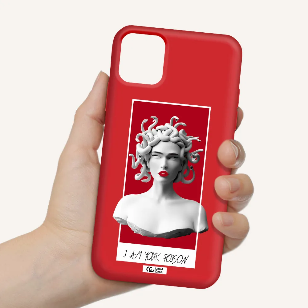 a statue of a woman with snakes on her head Apple iPhone 11 Silicone Imperial Red Case