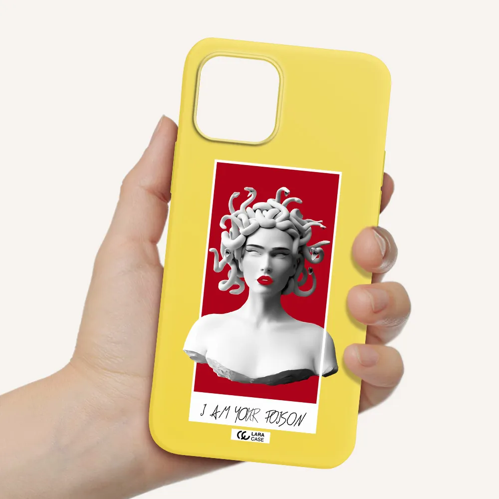 a statue of a woman with snakes on her head Apple iPhone 12 mini Silicone canary yellow Case