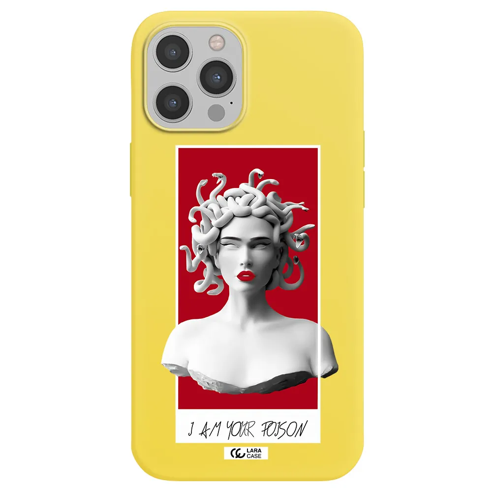 a statue of a woman with snakes on her head Apple iPhone 12 pro max Silicone canary yellow Case