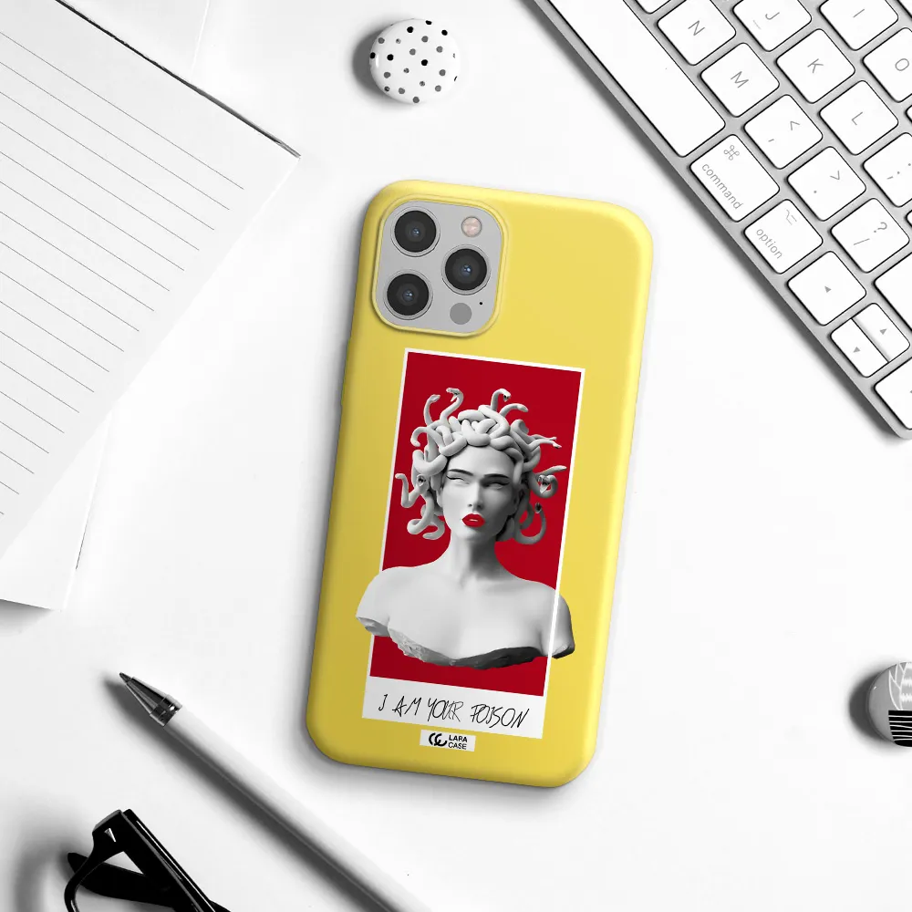 a statue of a woman with snakes on her head Apple iPhone 12 pro max Silicone canary yellow Case