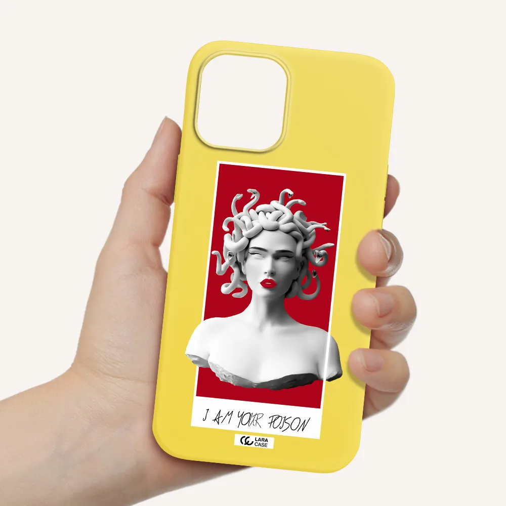 a statue of a woman with snakes on her head Apple iPhone 12 pro Silicone canary yellow Case