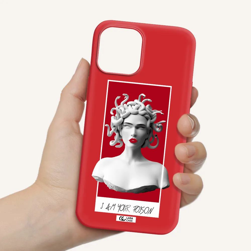a statue of a woman with snakes on her head Apple iPhone 12 pro Silicone Imperial Red Case