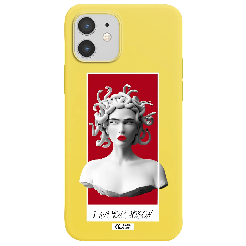 a statue of a woman with snakes on her head Apple iPhone 12 Silicone canary yellow Case