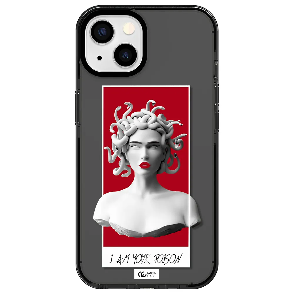 a statue of a woman with snakes on her head Apple iPhone 13 impact Smoke Black Case