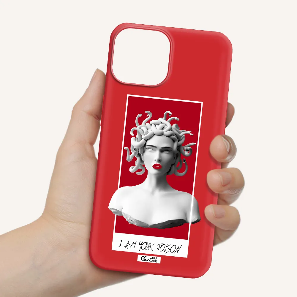 a statue of a woman with snakes on her head Apple iPhone 13 mini Silicone Imperial Red Case