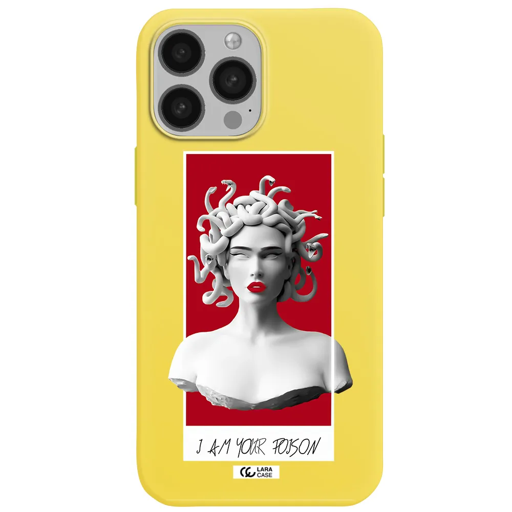 a statue of a woman with snakes on her head Apple iPhone 13 Pro Max Silicone canary yellow Case