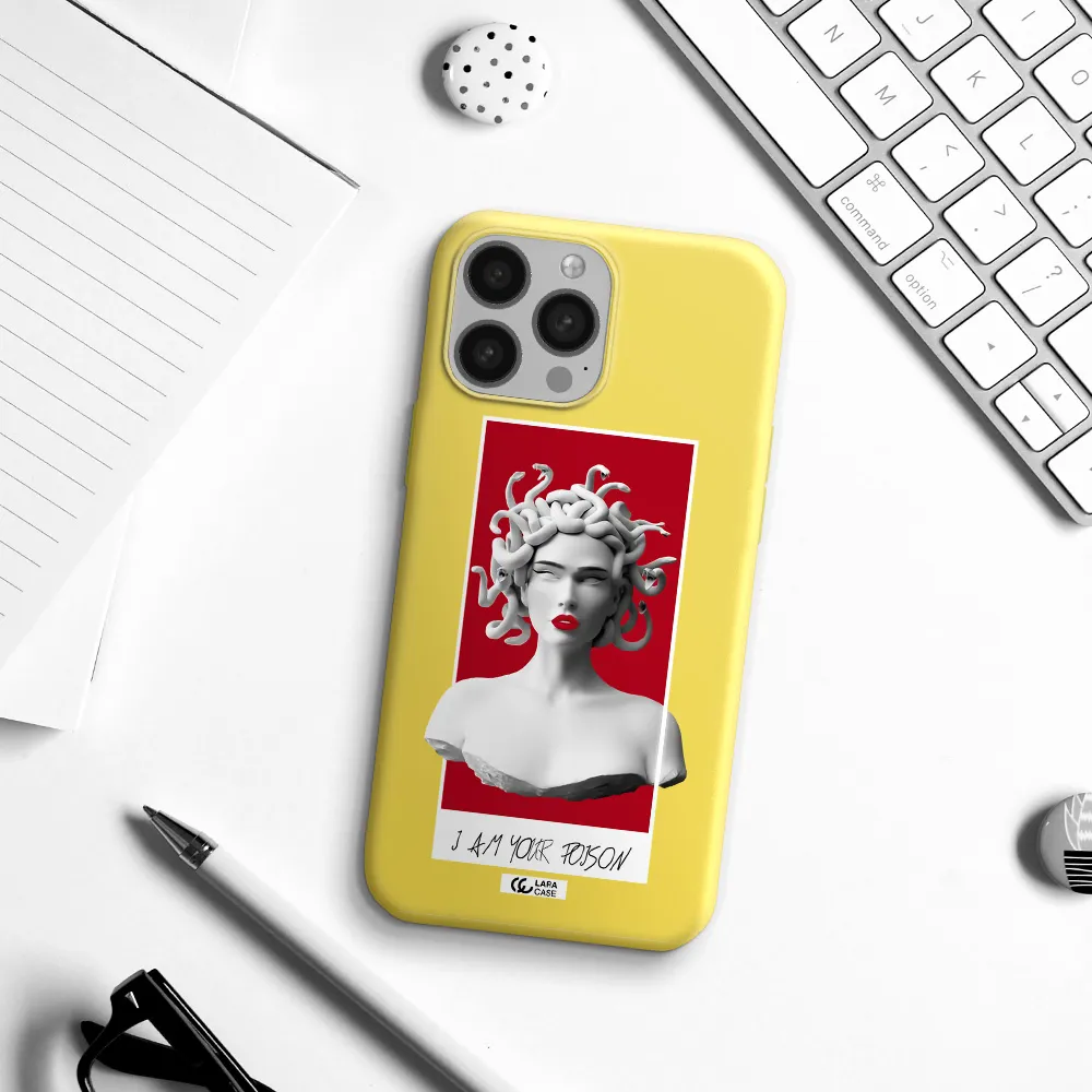 a statue of a woman with snakes on her head Apple iPhone 13 Pro Max Silicone canary yellow Case