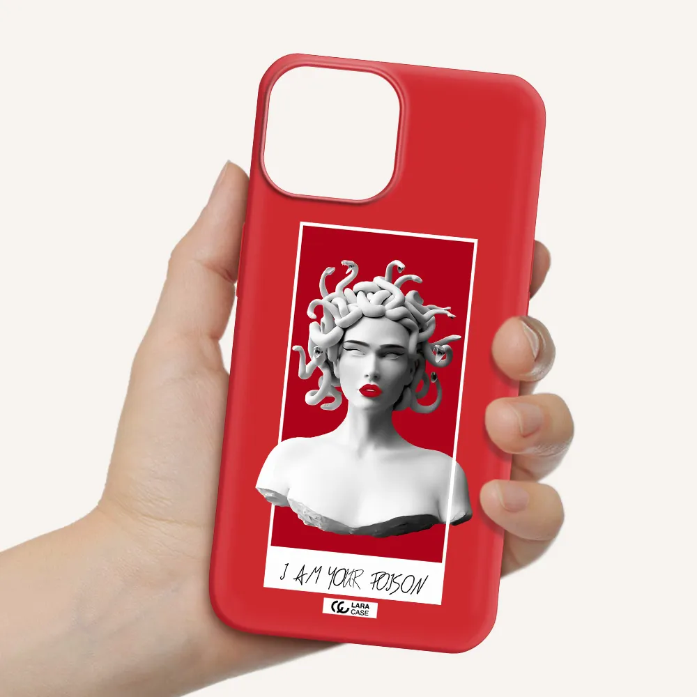 a statue of a woman with snakes on her head Apple iPhone 13 Silicone Imperial Red Case
