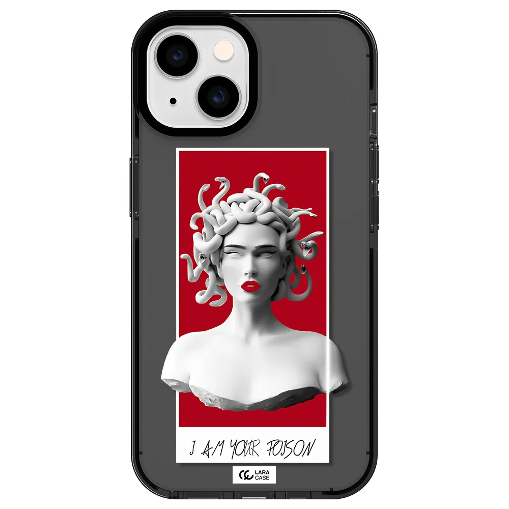 a statue of a woman with snakes on her head Apple iPhone 14 impact Smoke Black Case